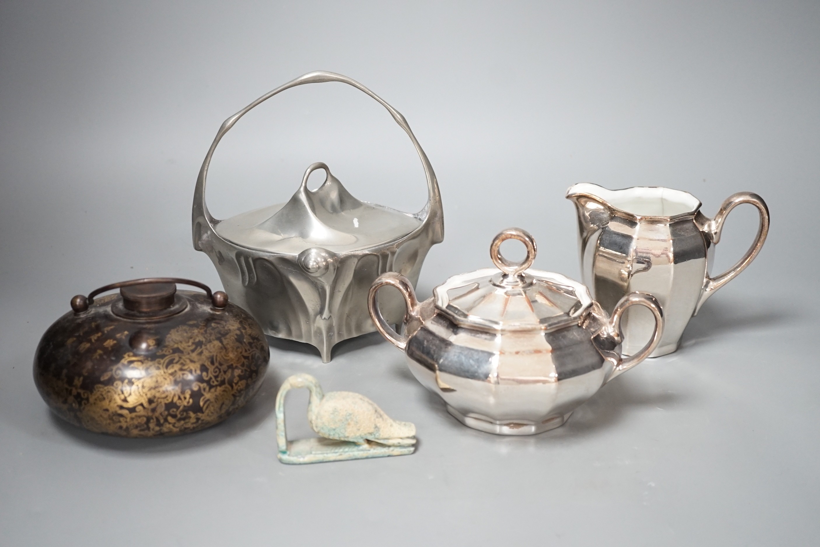 An Art Nouveau Kayserzinn lidded pewter sugar bowl and a small collection of minor works of art (a quantity), sugar bowl 18cms high